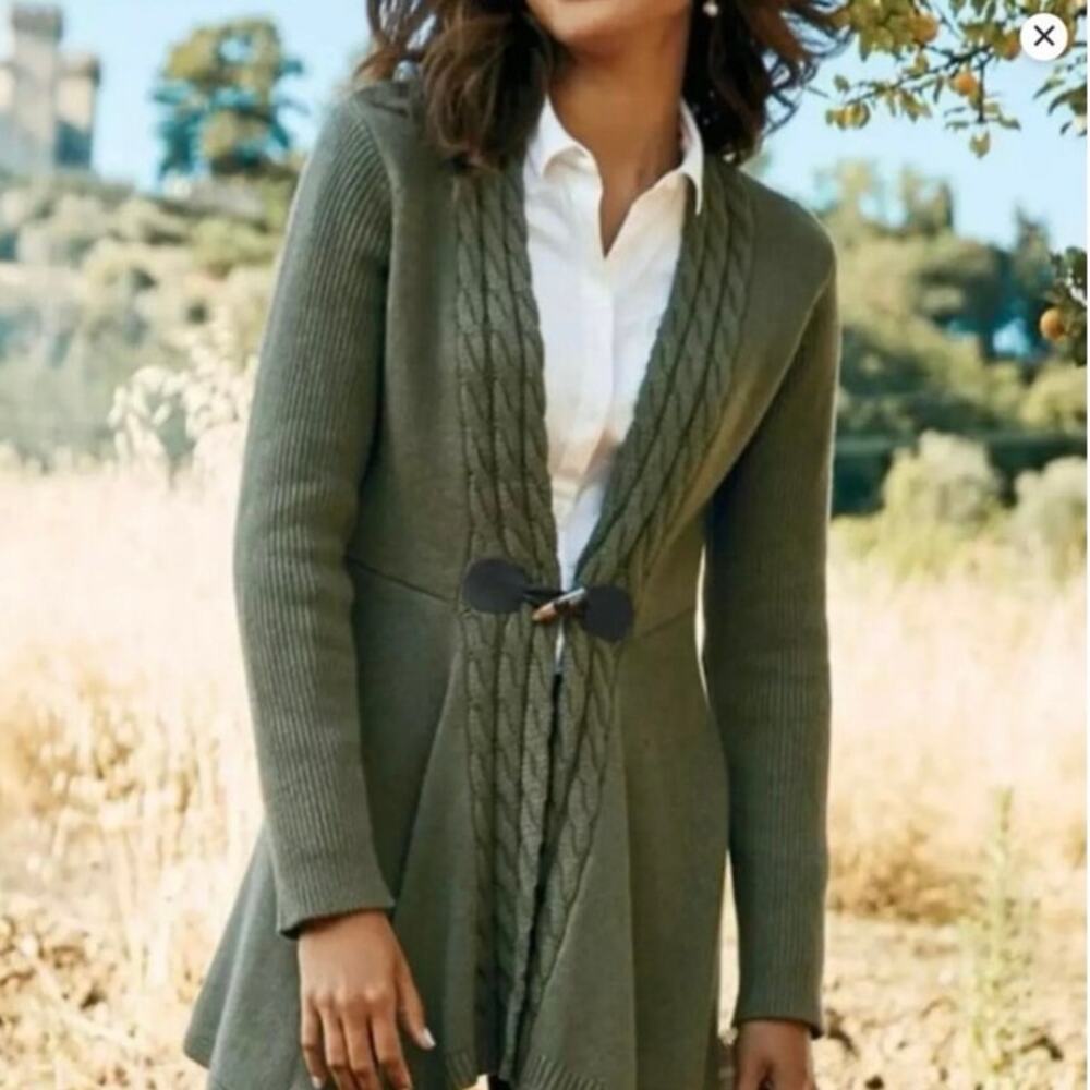 Soft Surroundings Delacroix Cable Knit Cardigan Sweater Olive Green Size Small